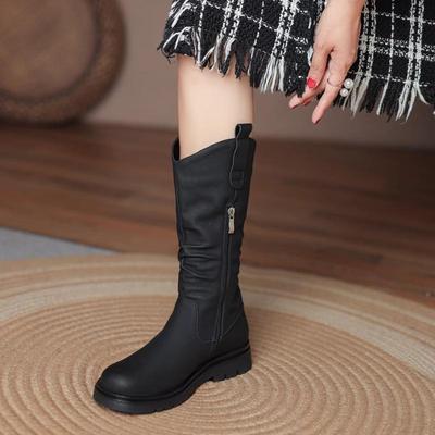 马丁靴女2024新款春秋季爆款单靴平底中筒靴冬加绒配裙子的短靴子