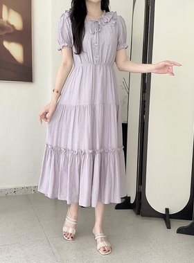 Lagogo商场简约女2025年夏新款紫色短袖收腰连衣中长裙QALL103G65