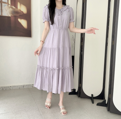 Lagogo商场简约女2025年夏新款紫色短袖收腰连衣中长裙QALL103G65