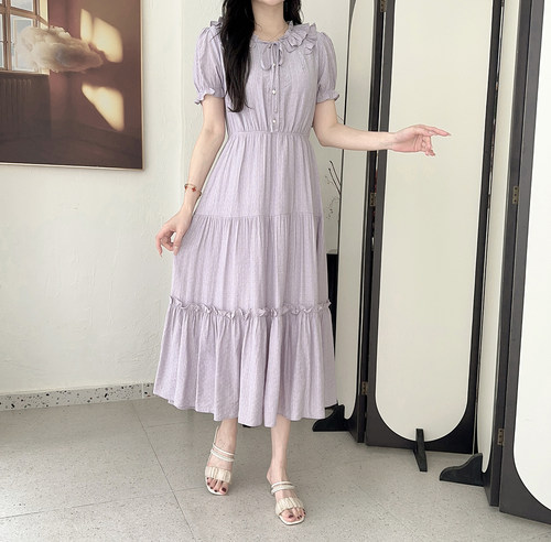 Lagogo商场简约女2025年夏新款紫色短袖收腰连衣中长裙QALL103G65