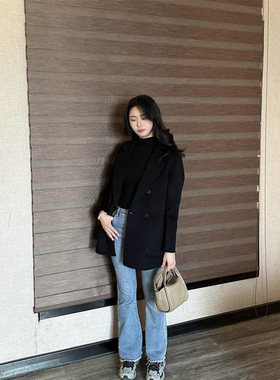 拉谷谷2025年春秋季新款西装领双面呢外套女宽松休闲百搭中长上衣