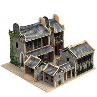 广东民居古建筑骑楼模型积木质西关大屋房子研学立体拼图益智玩具