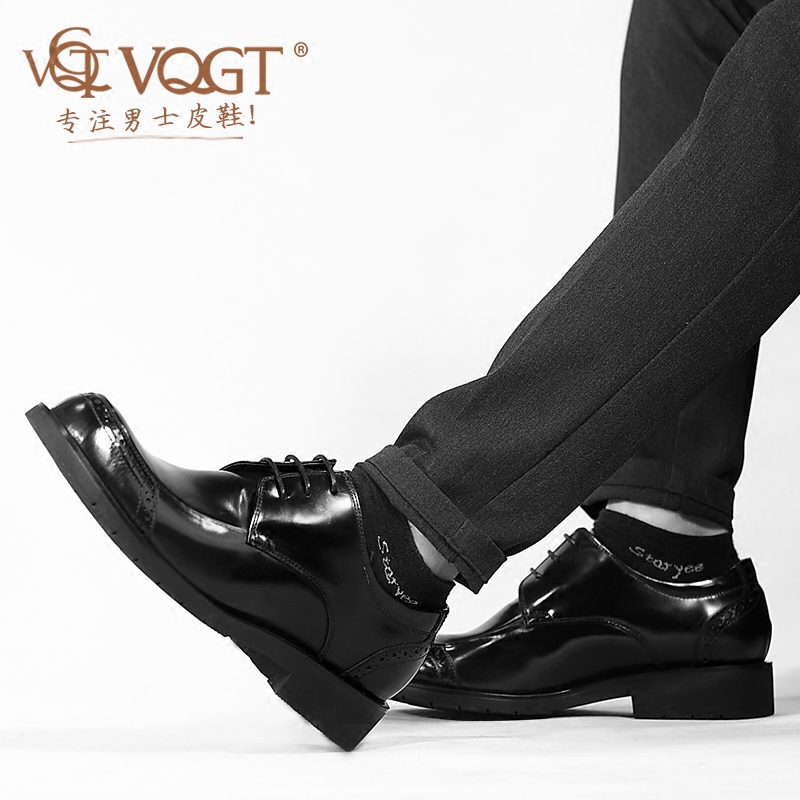 VQGT男士大头皮鞋漆皮男鞋亮面商务休闲鞋子男厚底真皮圆头鞋雕花