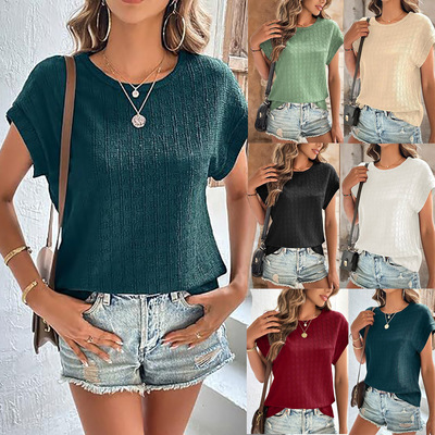 女式纯色圆领短袖T恤上衣