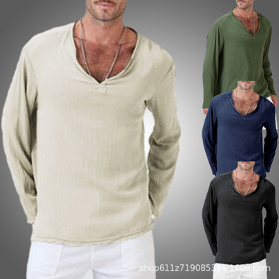 New men's solid color V-neck casual fashion loose T-shirt