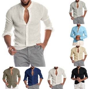 men shirt cardigan collar long new stand sleeved neck