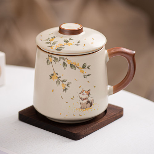 猫咪汝窑茶杯陶瓷带盖过滤马克杯