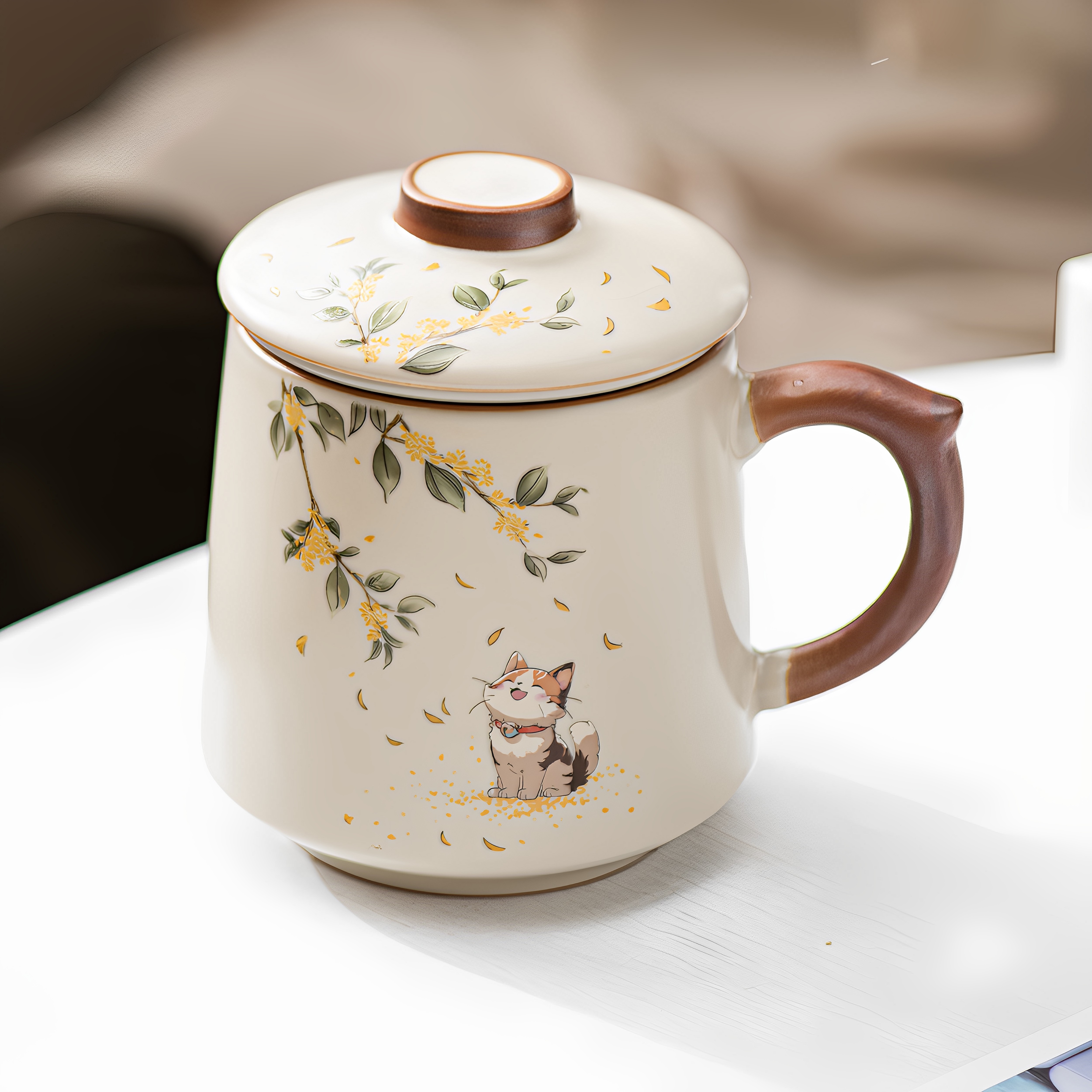 貓咪汝窯茶杯陶瓷帶蓋過濾馬克杯