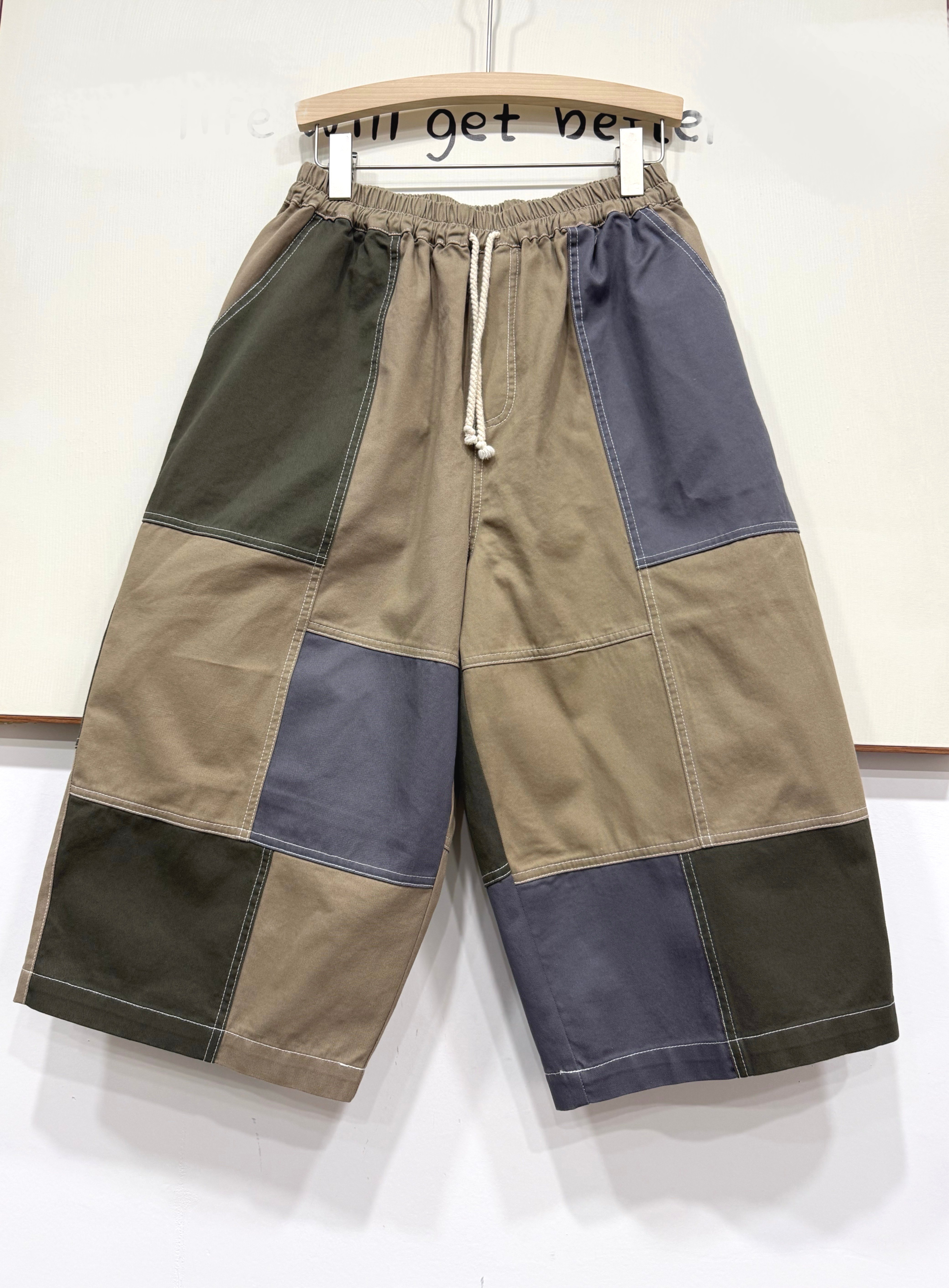 港风大码复古百家布拼接夏季新款松紧腰宽松休闲纯棉韩版直筒裤女