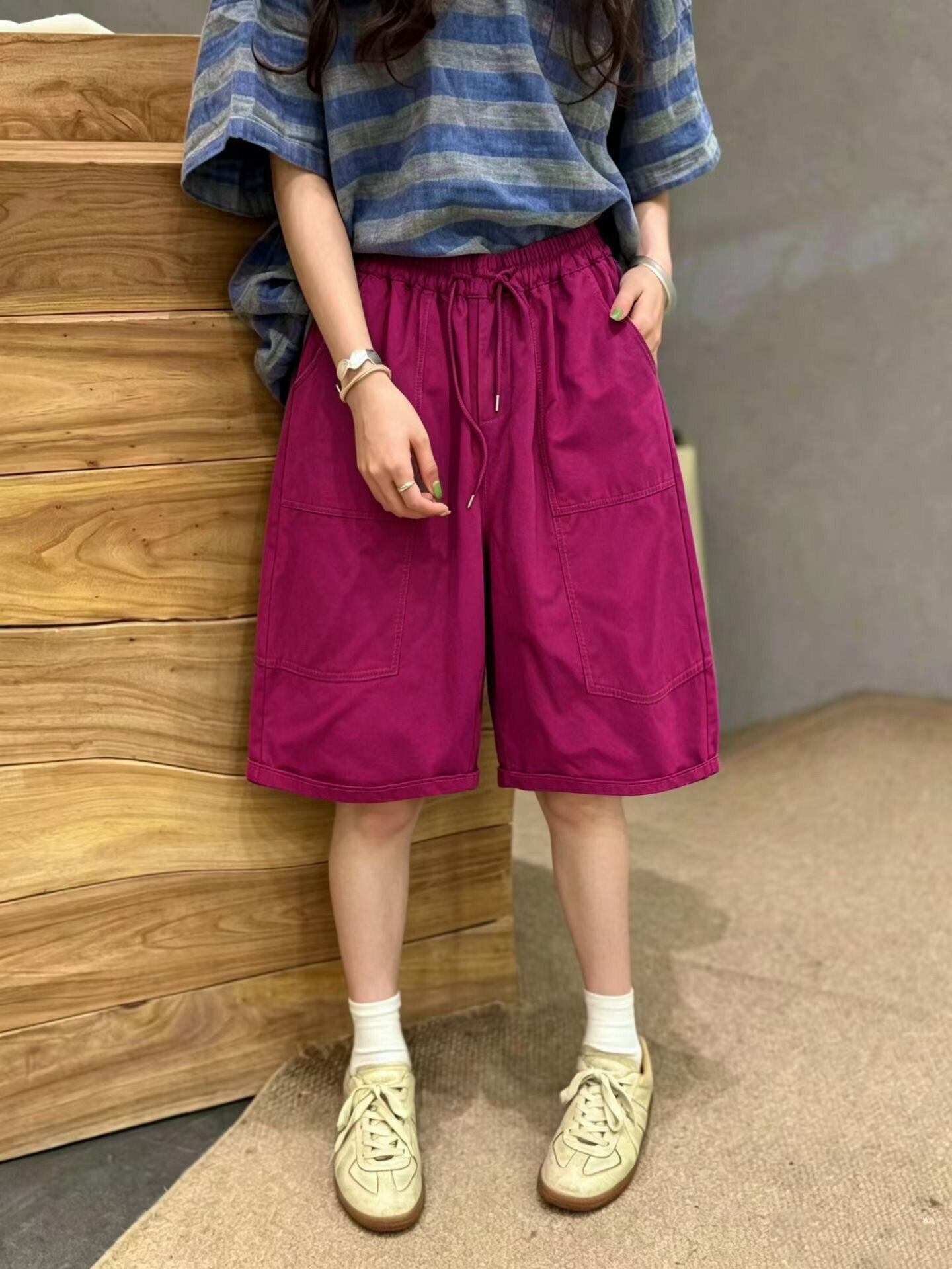 韩国彩色大码纯棉工装六分短裤女2026夏季新款松紧腰宽松休闲百搭
