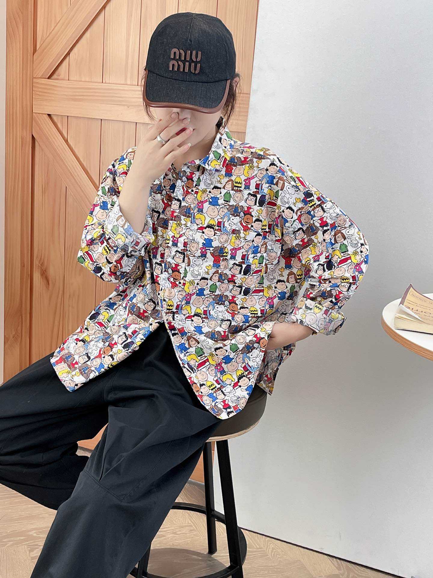 2024秋季女装新款韩版卡通印花翻领单排扣宽松长袖时尚纯棉衬衫潮