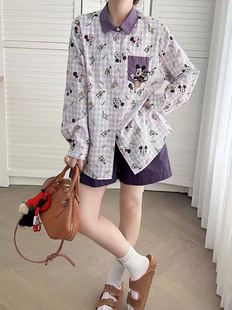 宽松休闲卡通印花翻领纯棉衬衫 新款 女潮 学院风小众2025秋季 韩版