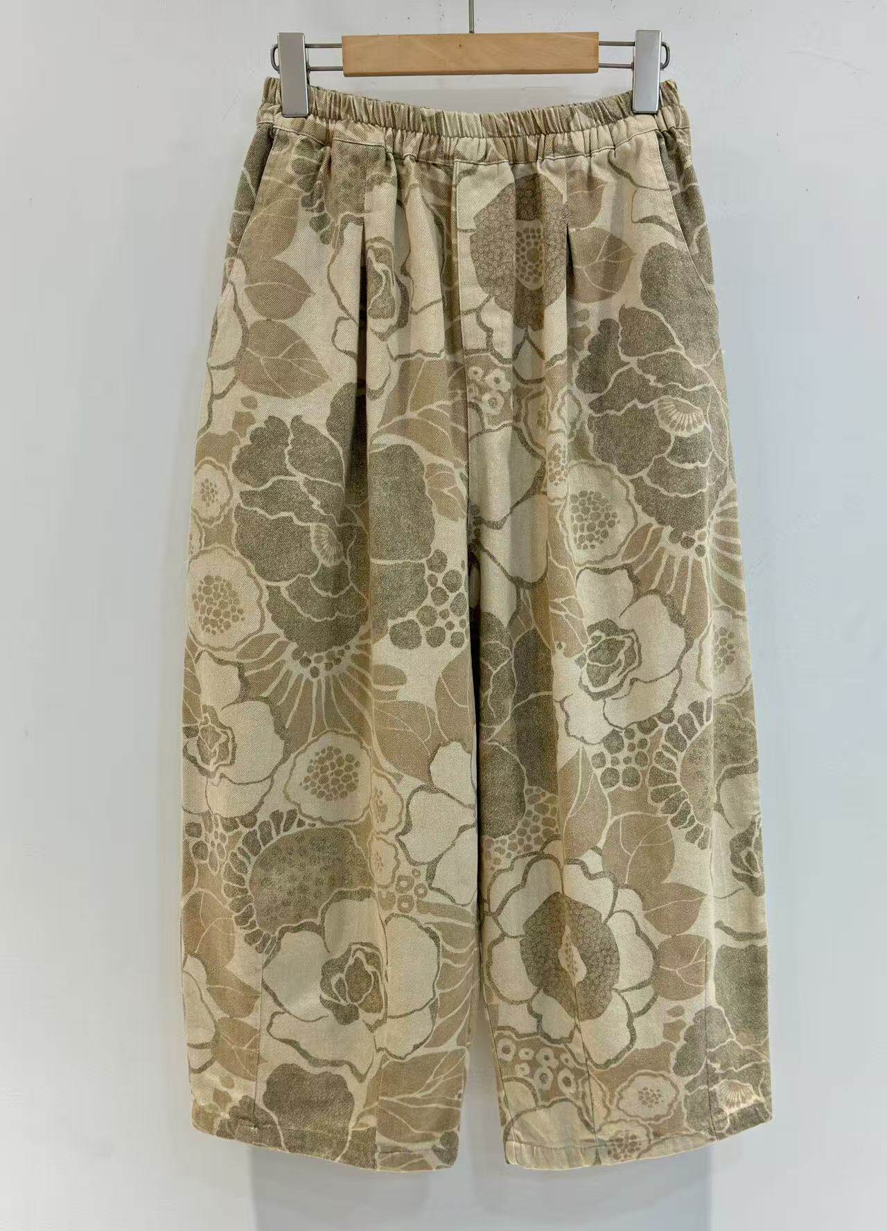 日系复古卡通印花夏季新款松紧腰宽松休闲细带纯棉质感直筒裤女潮