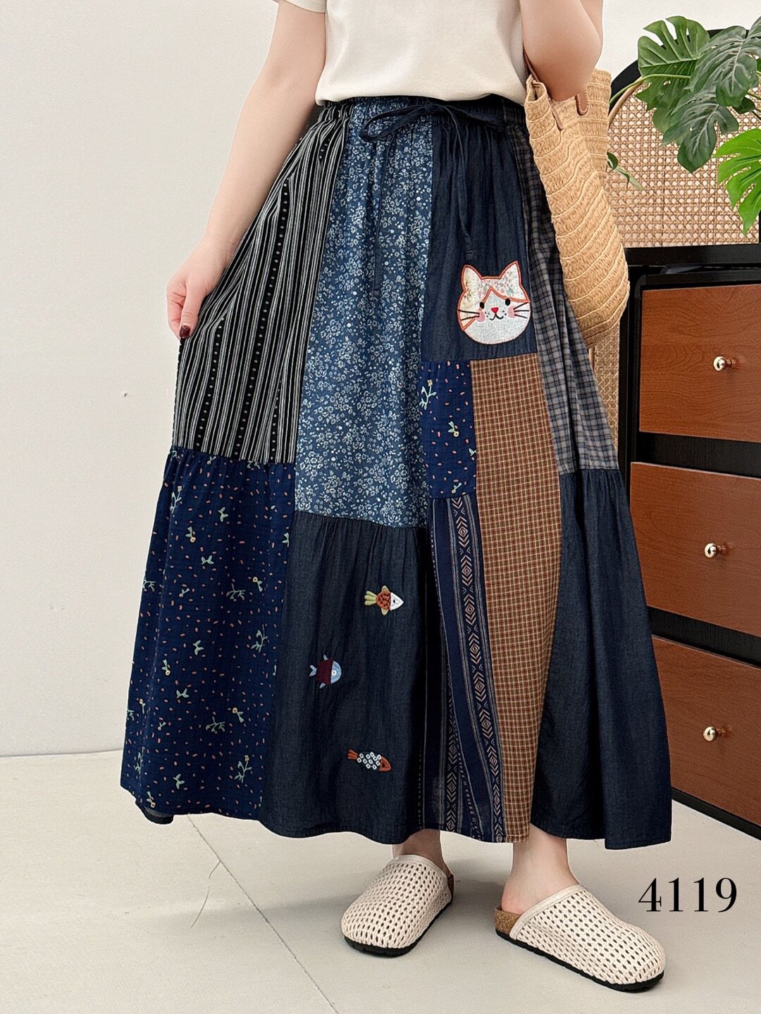 复古百家布拼接2025春秋新款松紧腰宽松减龄森女日系百搭半身裙女