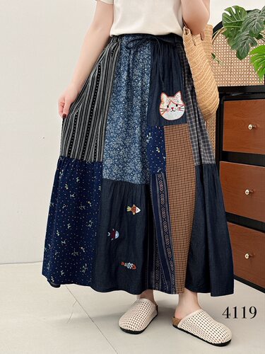 复古百家布拼接2025春秋新款松紧腰宽松减龄森女日系百搭半身裙女