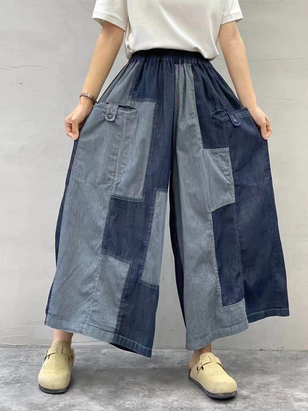 韩版复古拼色牛仔阔腿裤夏季新款松紧腰宽松大码柔软时尚个性裤潮