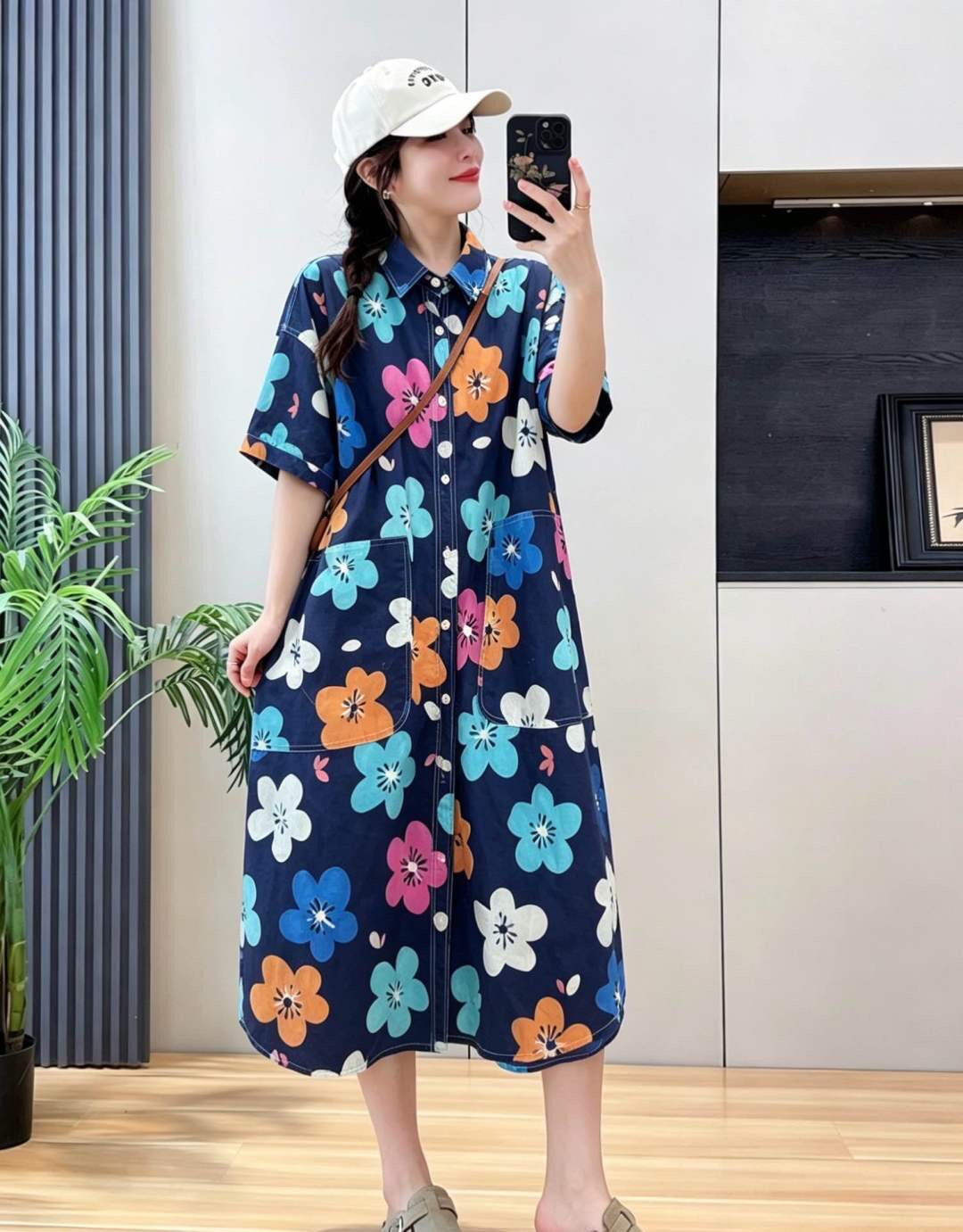 韩版大码小清新复古印花夏季新款宽松休闲减龄洋气全棉长款衬衫裙