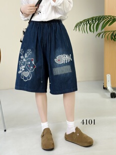 休闲百搭牛仔五分裤 韩版 松紧腰宽松大码 新款 女潮 卡通刺绣2026夏季