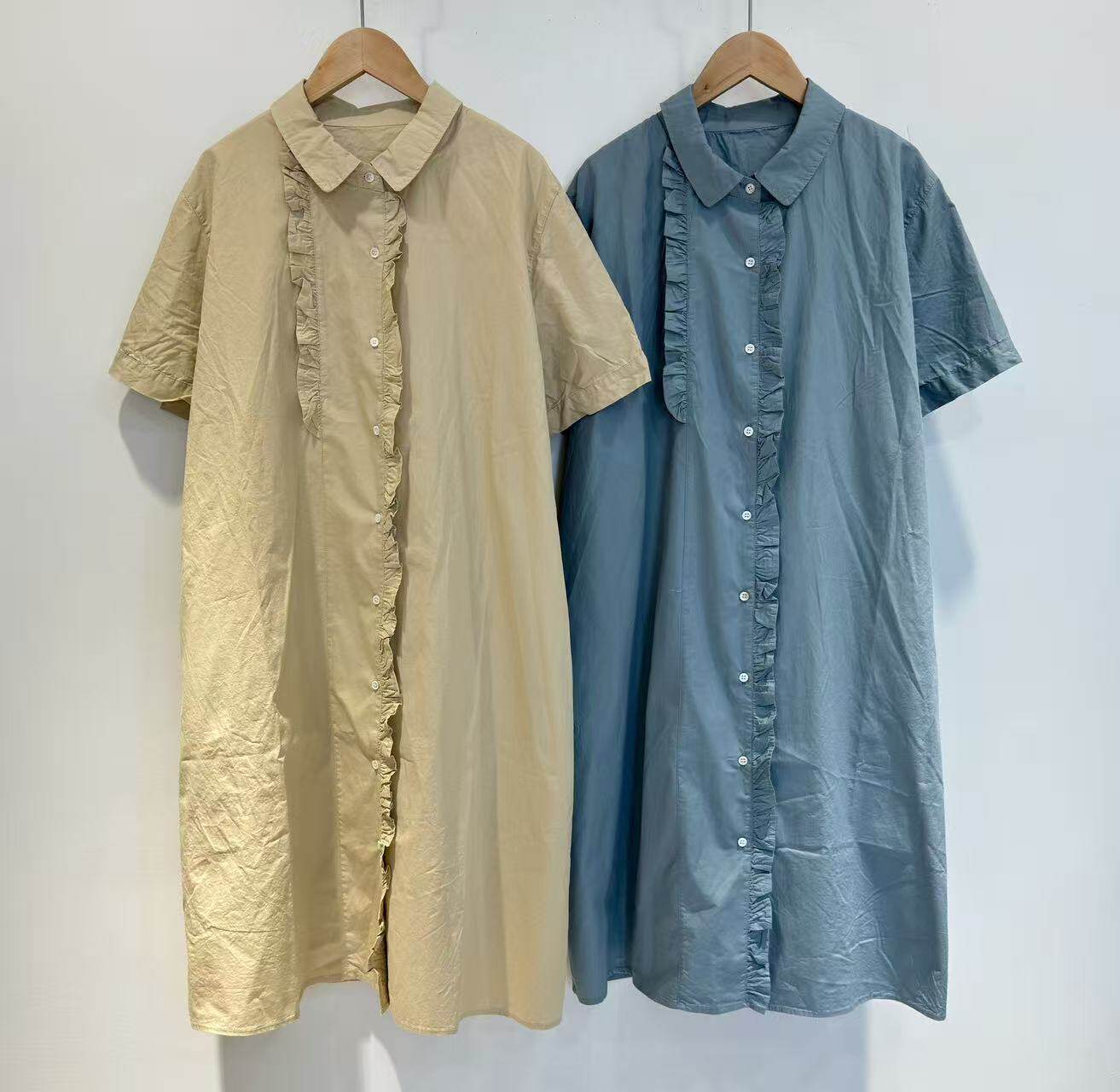 日系工装风小众花边设计夏季新款翻领单排扣纯棉减龄纯色衬衫裙女