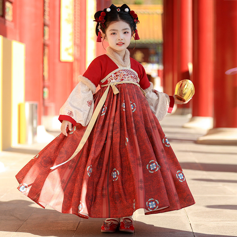 女童汉服冬装2026新款儿童加厚加绒古装国风拜年服新中式过年裙子