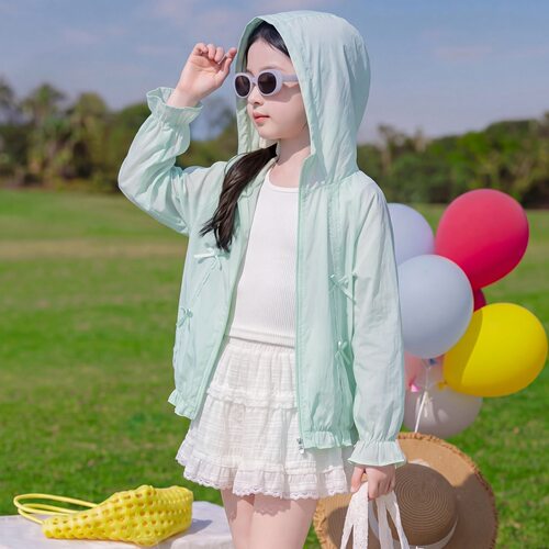 女童夏季连帽防晒衣浅绿蝴蝶结薄款外套儿童透气户外遮阳空调开衫