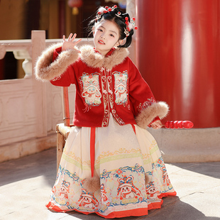 女童汉服冬款加绒新年拜年服儿童新款秋冬季中国风加厚马面裙套装