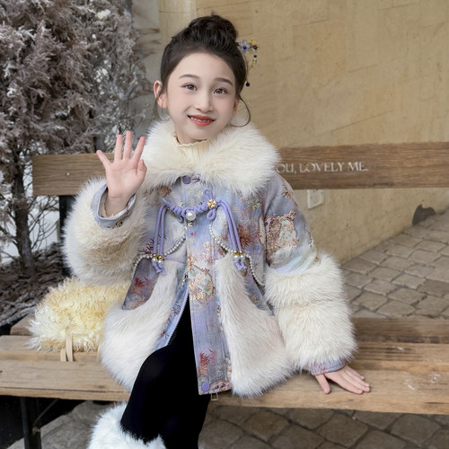 女童国风仿皮草加绒外套秋冬款2025新款女孩冬季棉服儿童加厚上衣