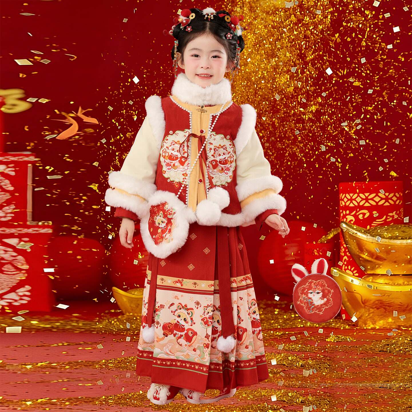 拜年服女童汉服冬装国风套装2025新款女孩唐装新年装过年喜庆衣服