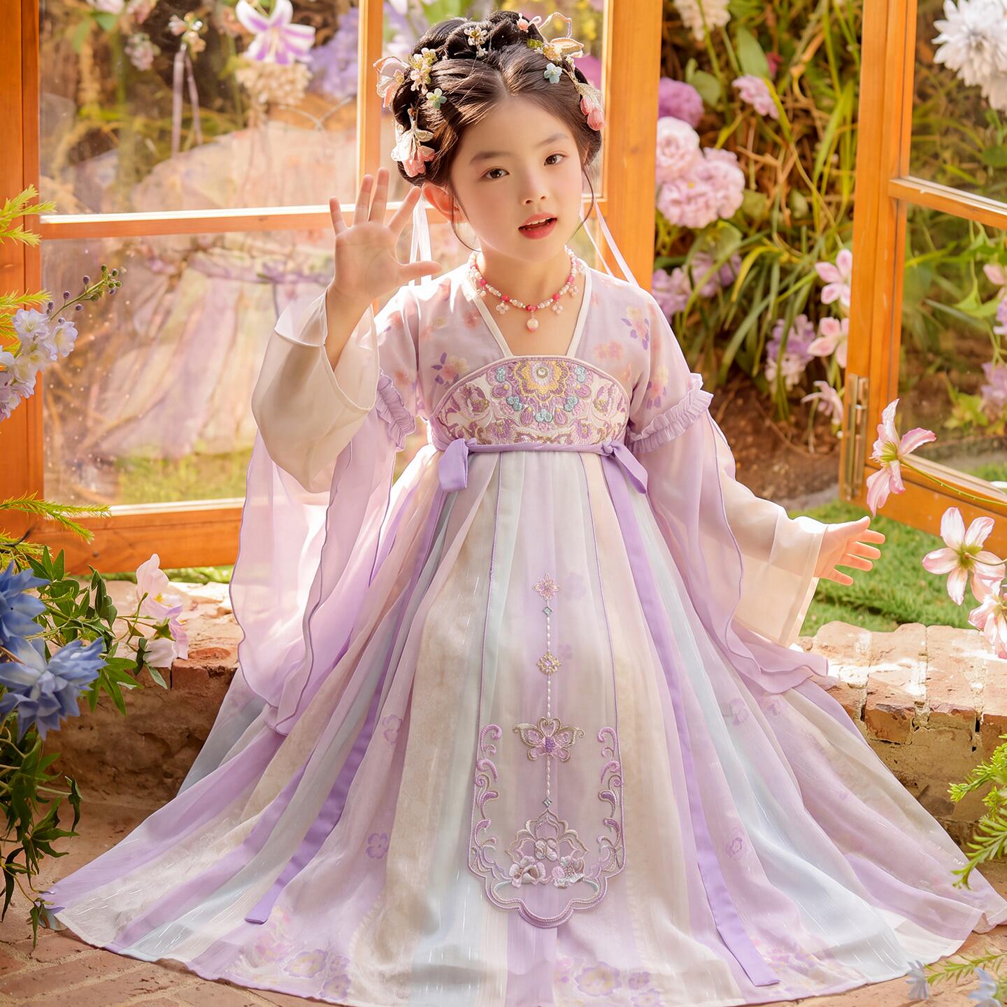 汉服女童春秋新款儿童超仙连衣裙中国风唐装小女孩公主裙演出服装