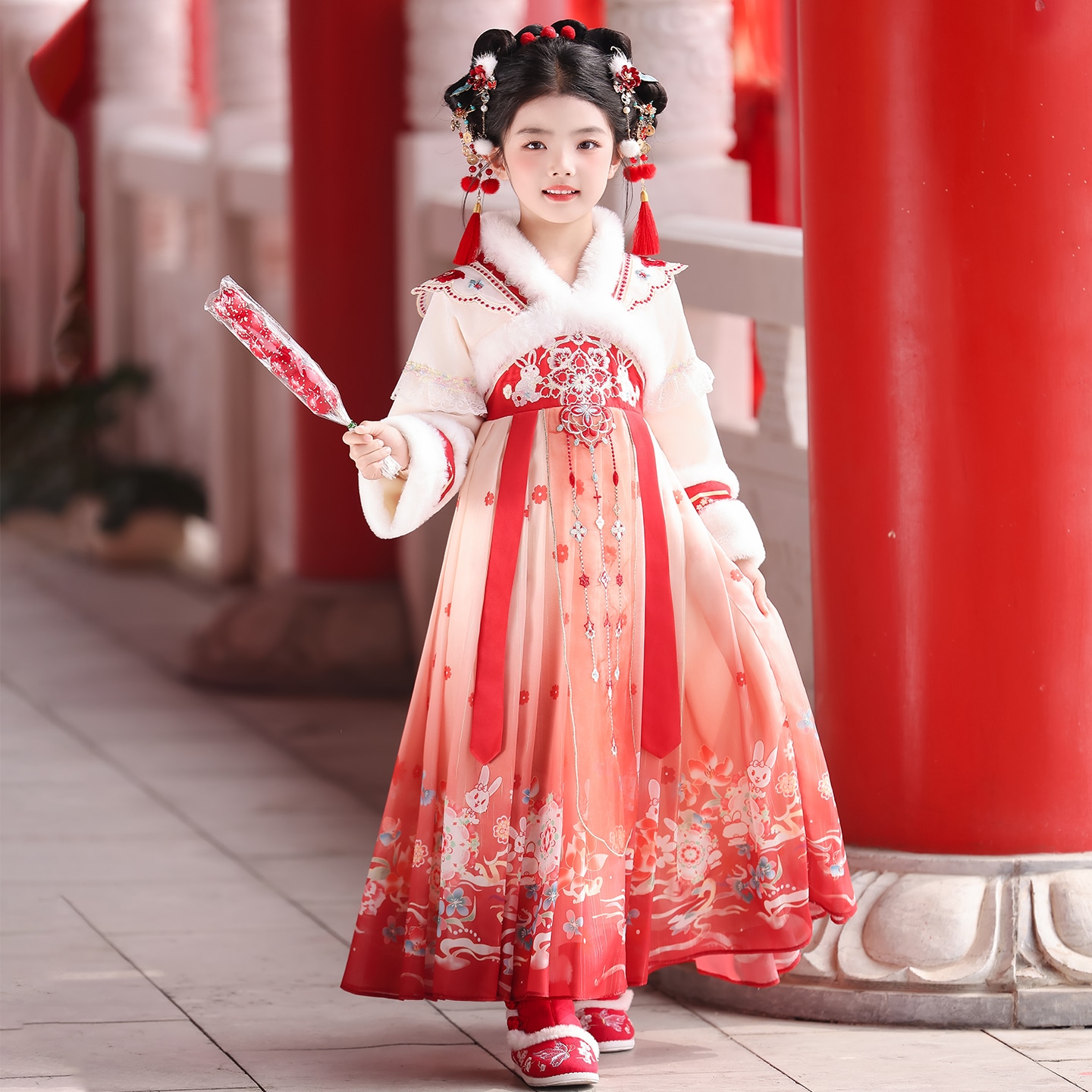 汉服女童连衣裙冬季2025新款加绒儿童国风超仙古装新年拜年服裙子