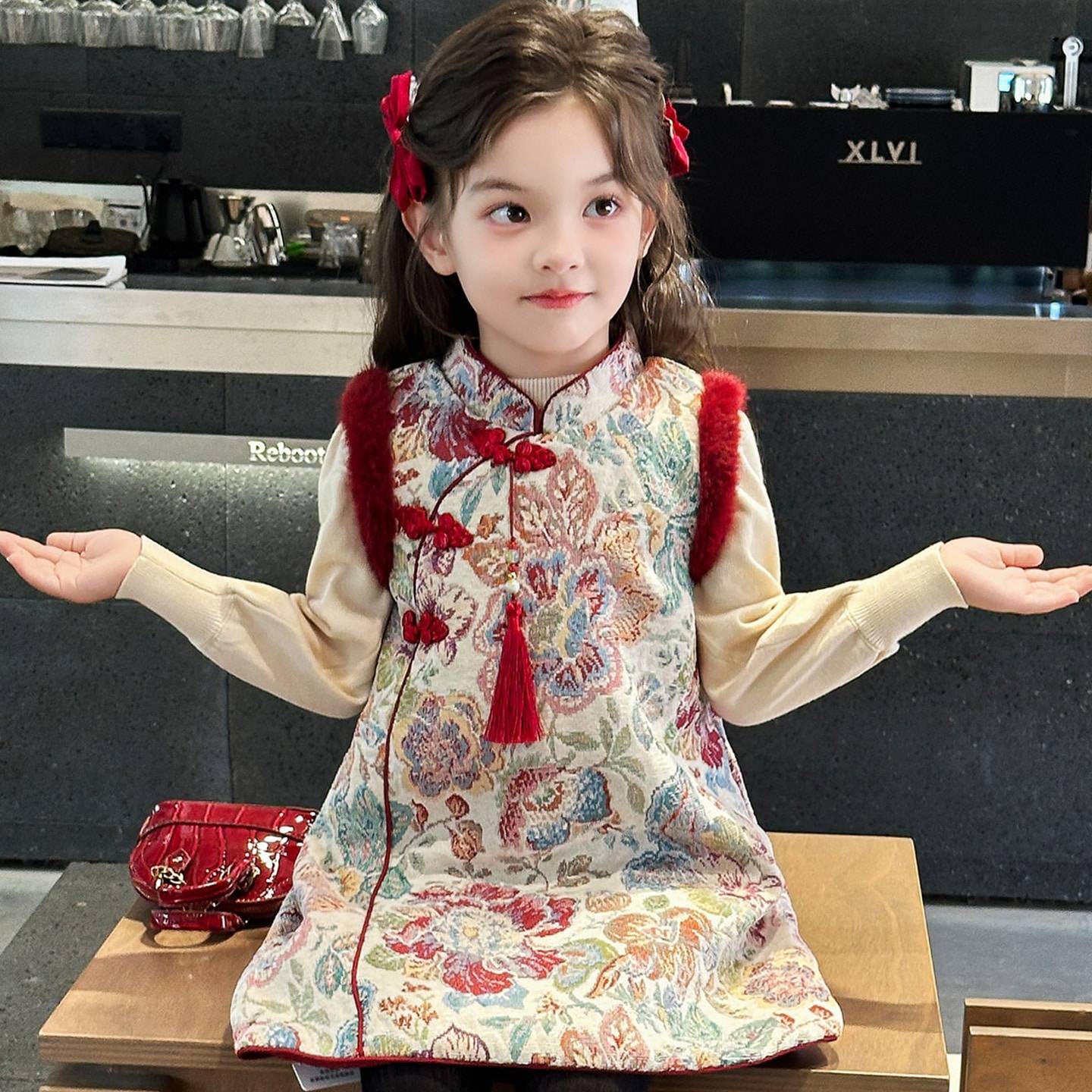 女童新中式背心连衣裙冬装2025儿童旗袍裙国风唐装马甲裙加厚冬季