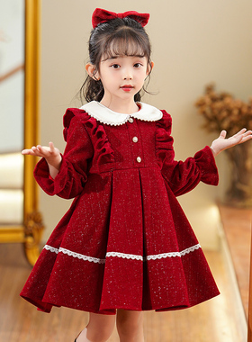 女童连衣裙秋冬款2025新款加绒冬天女孩红色年服儿童公主裙子冬季