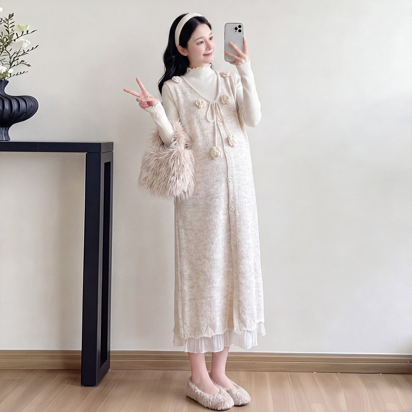 孕妇秋冬花朵针织连衣裙
