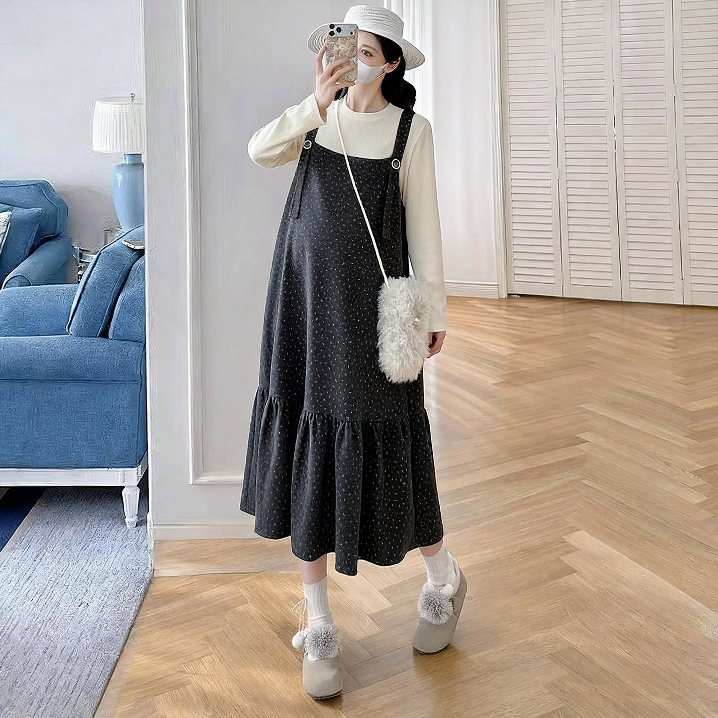 孕妇碎花毛呢背带裙遮肚秋季