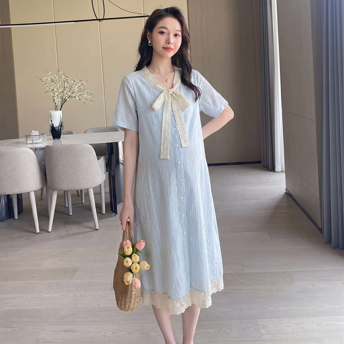 孕妇假两件连衣裙夏款蕾丝蝴蝶结