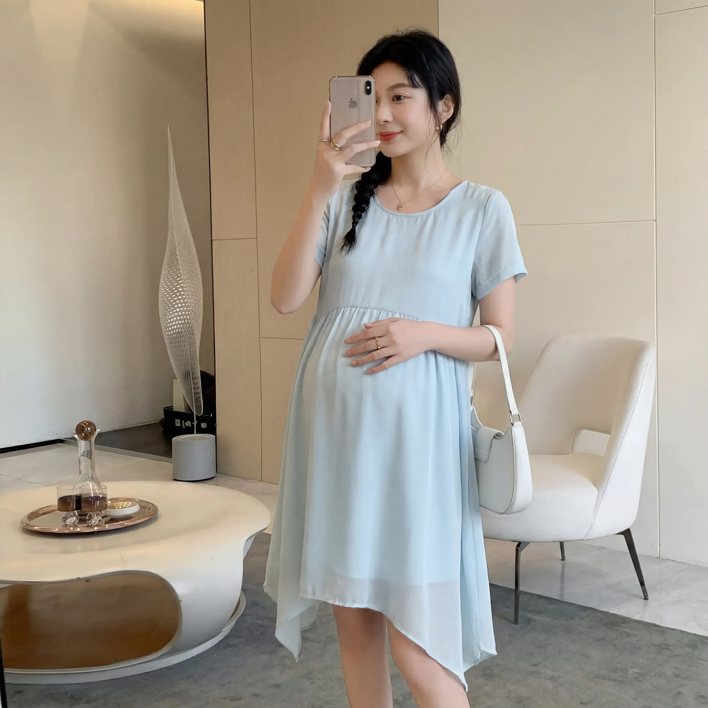 孕妇装连衣裙圆领高腰雪纺夏季新款宽松简约纯色时尚气质飘逸裙子
