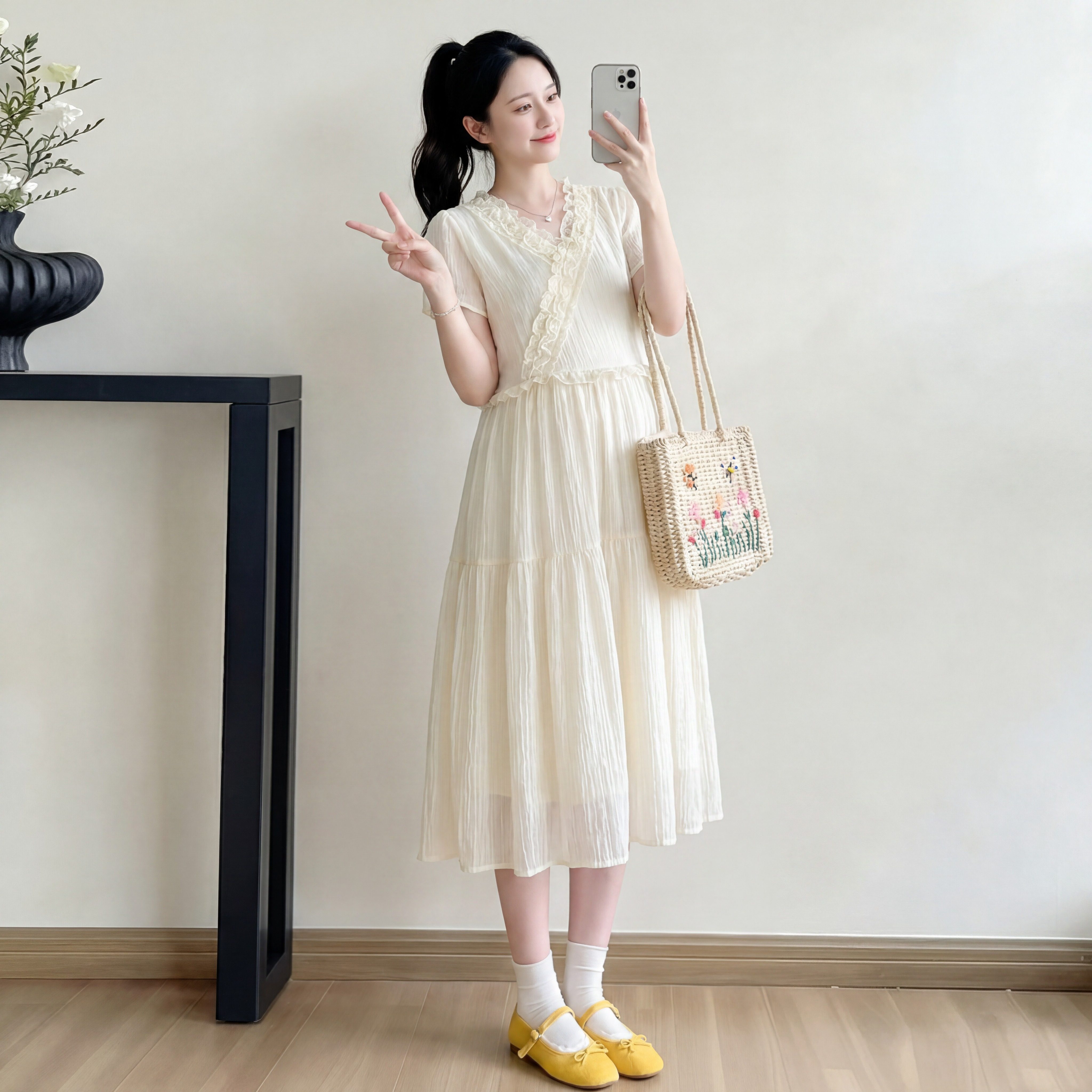 法式V领荷叶边显瘦孕妇连衣裙