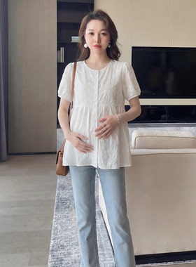 孕妇套装夏天提花上衣牛仔托腹裤套装圆领短袖法式夏季新款两件套