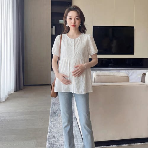 孕妇套装夏天提花上衣牛仔托腹裤