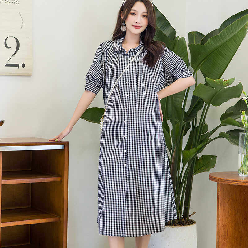 孕妇连衣裙夏季大码女装夏季新款格子宽松显瘦格子衬衫连衣裙遮肚
