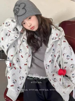 女童加绒kt猫外套2025秋冬装新款儿童卫衣开衫女孩时髦炸街棒球服