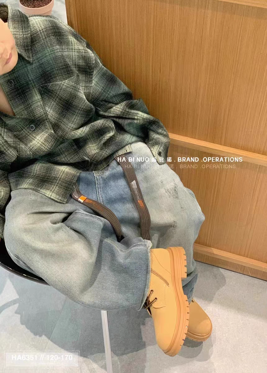 哈比诺高端牛仔24秋冬装新品男童纯棉哈伦裤中大童复古怀旧老爹裤