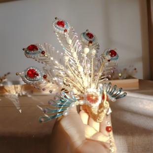 团紫古风汉服金丝凤正凤珍珠新娘流苏发冠华丽古典婚嫁摄影头饰