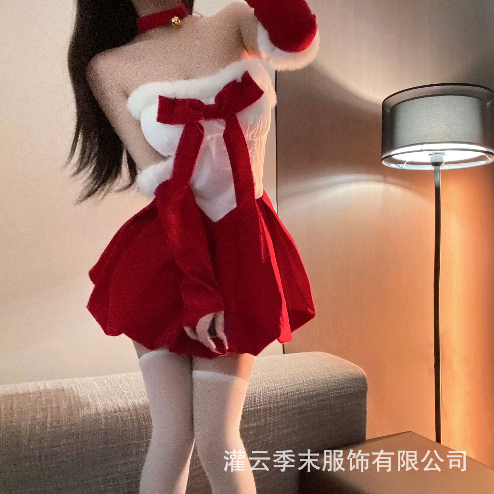 季末圣诞连衣裙女性感丝绒甜美蝴蝶结花苞抹胸内衣女