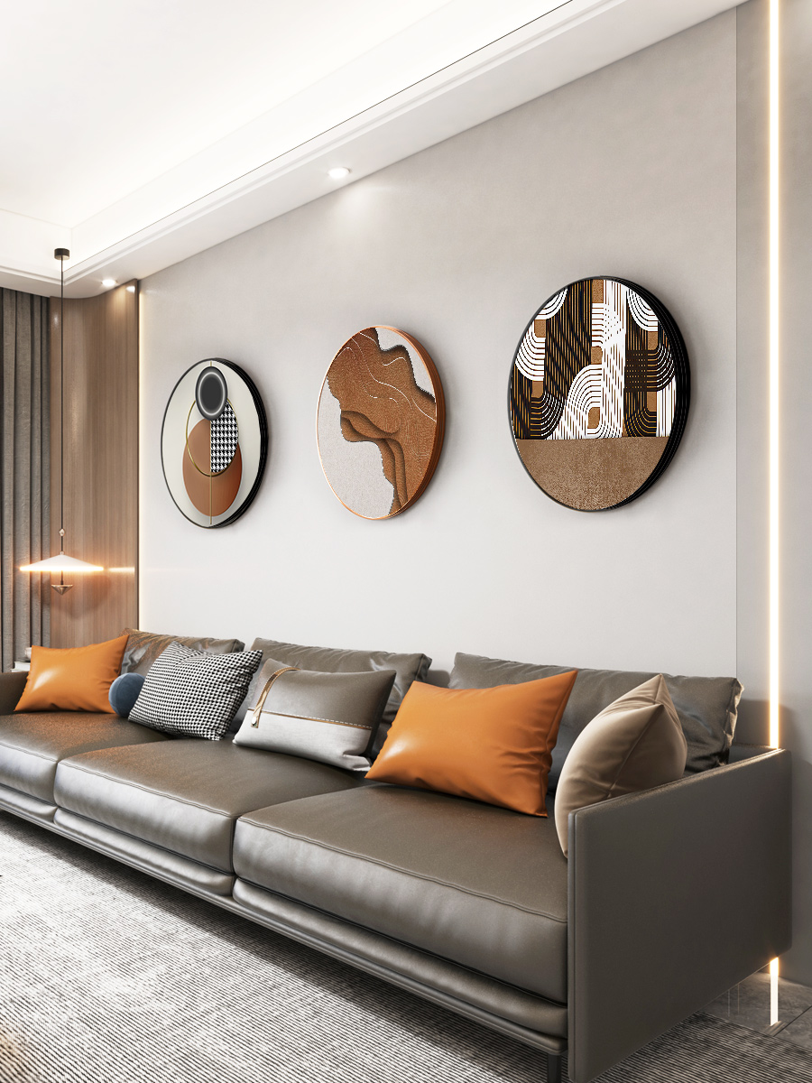 变折 轻奢创意个性圆形客厅装饰画棕色几何抽象沙发背景墙挂画图片