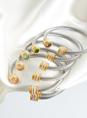 钛钢开口麻花手镯镶嵌十二种选色锆石水钻单圈双圈跨境不锈钢手饰