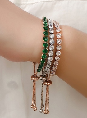 欧美4mm圆单排满钻女士手链可调节珠子水晶网球跨境生辰石手饰