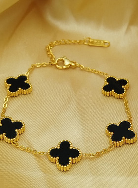 高级感13mm四叶幸运草双面五花手链女钛钢18k金色小众轻奢手饰