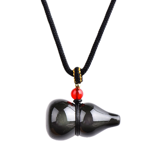 彩眼黑曜石葫芦吊坠天然黑水晶钥匙扣挂件黑色玉石福禄项链男女款