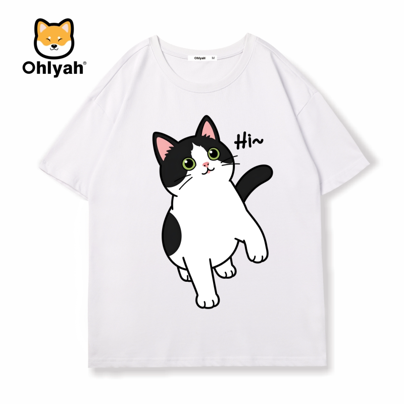 Ohlyah品牌玩耍奶牛猫咪印花短袖t恤男女同款宽松型圆领情侣半袖